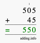 Calculate 505 + 45 using long addition