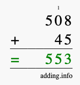 Calculate 508 + 45 using long addition