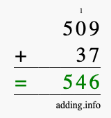 Calculate 509 + 37 using long addition
