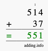 Calculate 514 + 37 using long addition