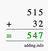 Calculate 515 + 32 using long addition