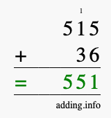 Calculate 515 + 36 using long addition