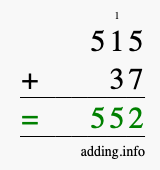 Calculate 515 + 37 using long addition