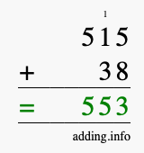 Calculate 515 + 38 using long addition
