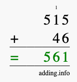 Calculate 515 + 46 using long addition