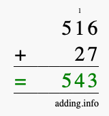 Calculate 516 + 27 using long addition