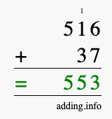 Calculate 516 + 37 using long addition