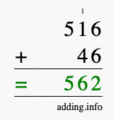 Calculate 516 + 46 using long addition