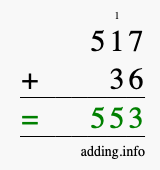 Calculate 517 + 36 using long addition