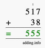 Calculate 517 + 38 using long addition