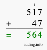 Calculate 517 + 47 using long addition