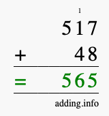 Calculate 517 + 48 using long addition