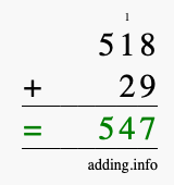Calculate 518 + 29 using long addition