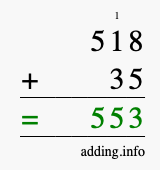 Calculate 518 + 35 using long addition