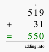 Calculate 519 + 31 using long addition