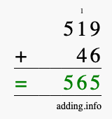 Calculate 519 + 46 using long addition