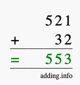 Calculate 521 + 32 using long addition
