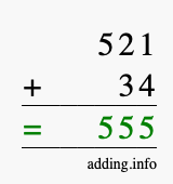 Calculate 521 + 34 using long addition
