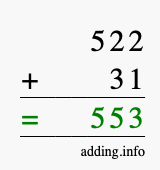 Calculate 522 + 31 using long addition
