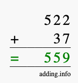 Calculate 522 + 37 using long addition