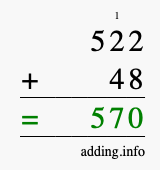 Calculate 522 + 48 using long addition