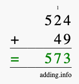 Calculate 524 + 49 using long addition