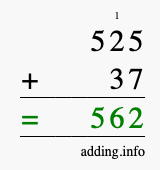 Calculate 525 + 37 using long addition