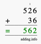 Calculate 526 + 36 using long addition