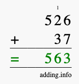 Calculate 526 + 37 using long addition