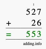 Calculate 527 + 26 using long addition