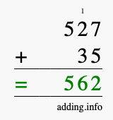 Calculate 527 + 35 using long addition