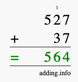 Calculate 527 + 37 using long addition