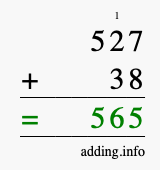 Calculate 527 + 38 using long addition