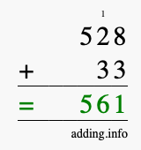 Calculate 528 + 33 using long addition