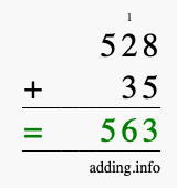 Calculate 528 + 35 using long addition