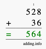 Calculate 528 + 36 using long addition