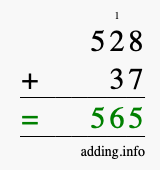 Calculate 528 + 37 using long addition
