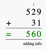 Calculate 529 + 31 using long addition