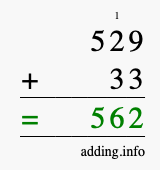 Calculate 529 + 33 using long addition