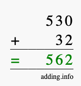 Calculate 530 + 32 using long addition