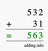 Calculate 532 + 31 using long addition