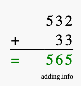 Calculate 532 + 33 using long addition