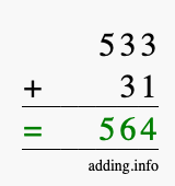 Calculate 533 + 31 using long addition