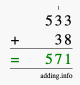 Calculate 533 + 38 using long addition
