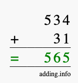 Calculate 534 + 31 using long addition