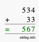 Calculate 534 + 33 using long addition