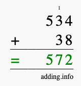 Calculate 534 + 38 using long addition