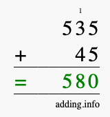Calculate 535 + 45 using long addition