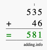 Calculate 535 + 46 using long addition