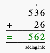 Calculate 536 + 26 using long addition